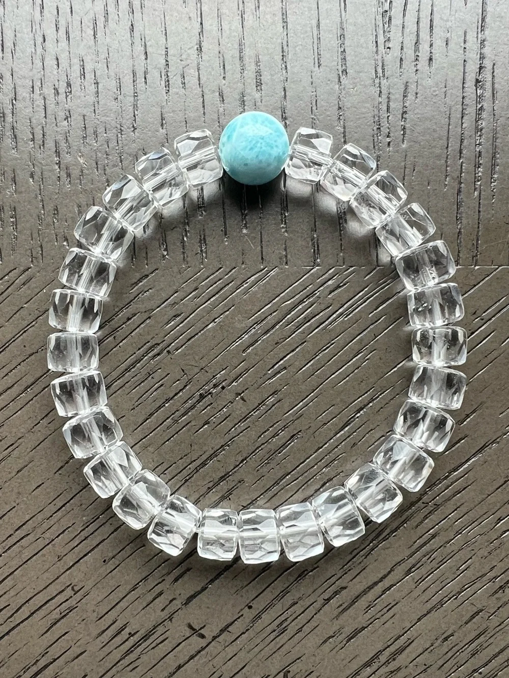 HQ Faceted Clear Quartz with Larimar bracelet 8-11mm SIZE 6.75’